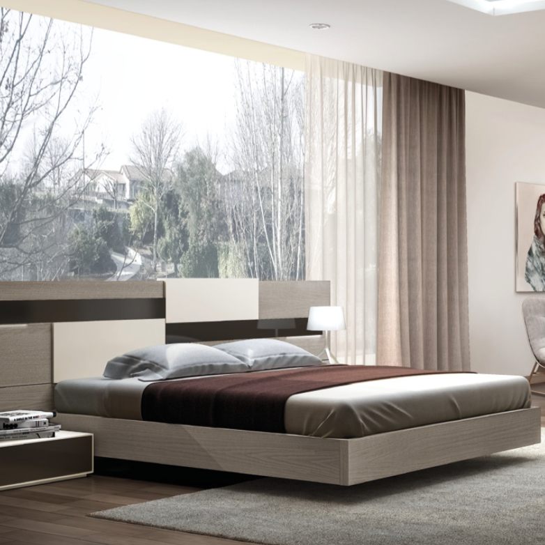 Dormitorio moderno con cama y mueble auxiliar