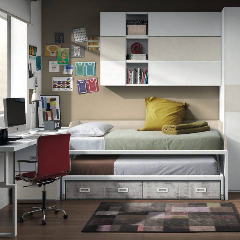 Cama auxiliar con armario y escritorio juvenil