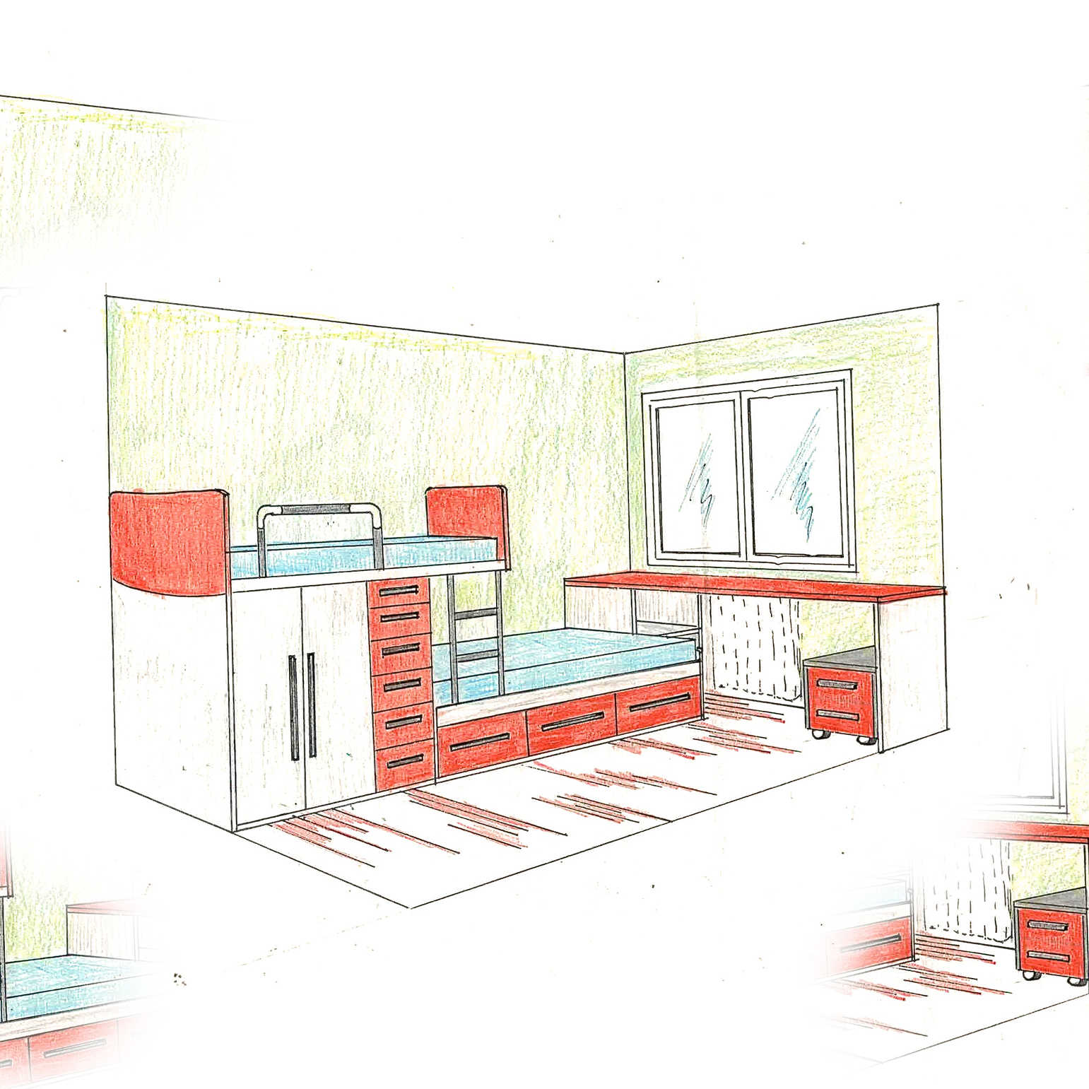 royecto de dormitorio juvenil con acabados rojos